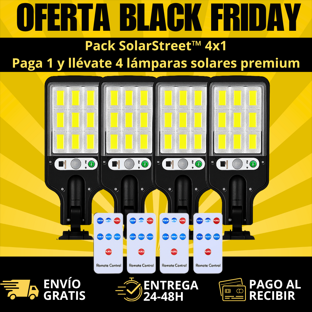 🔥 Pack SolarStreet™ 4x1 – Paga 1 y Llévate 4 Lámparas Solares Premium Tienda Espanha